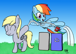 Size: 1700x1200 | Tagged: safe, artist:ebbysharp, imported from derpibooru, derpy hooves, rainbow dash, pegasus, pony, atg 2020, can, duo, eyes closed, female, newbie artist training grounds, recycling, trash