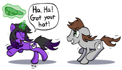 Size: 1713x978 | Tagged: safe, artist:ebbysharp, imported from derpibooru, oc, oc only, oc:colorant artiste, pony, accessory theft, chase, duo, female, glowing horn, hat, horn, magic, male, running, simple background, speech bubble, telekinesis, white background