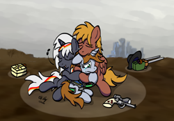 Size: 1280x889 | Tagged: safe, artist:ebbysharp, imported from derpibooru, oc, oc:calamity, oc:littlepip, oc:velvet remedy, earth pony, pegasus, pony, unicorn, fallout equestria, crying, female, gun, handgun, hug, little macintosh, male, revolver, sad, singing, trio, wasteland, weapon