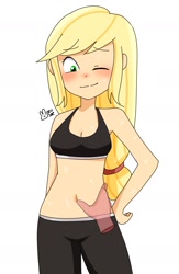 Size: 1307x2006 | Tagged: safe, artist:morusae, imported from derpibooru, applejack, equestria girls, applejack's hat, belly button, blushing, clothes, cowboy hat, fetish, hand on hip, hat, male, male pov, missing freckles, navel fetish, navel play, offscreen character, offscreen male, one eye closed, open mouth, pov, shorts, sleeveless, solo focus, sports bra, sports shorts, sweat, sweatdrops