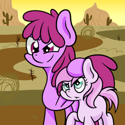 Size: 1976x1976 | Tagged: safe, artist:dinkyuniverse, imported from derpibooru, berry punch, berryshine, piña colada, earth pony, pony, atg 2021, background pony, cactus, desert, duo, female, filly, mare, newbie artist training grounds, siblings, sisters