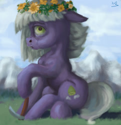 Size: 1280x1320 | Tagged: safe, artist:hailmace, imported from derpibooru, limestone pie, pony, crying, floral head wreath, flower, pickaxe, sad, sitting, solo