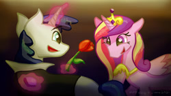 Size: 1280x720 | Tagged: safe, artist:kirbyliscious, imported from derpibooru, princess cadance, shining armor, alicorn, pony, unicorn, atg 2021, duo, female, flower, glowing horn, horn, male, newbie artist training grounds, rose