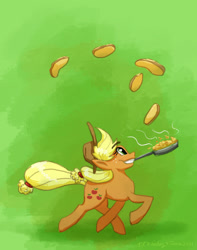 Size: 1280x1622 | Tagged: safe, artist:kirbyliscious, imported from derpibooru, applejack, earth pony, pony, atg 2021, female, food, frying pan, mouth hold, newbie artist training grounds, pancakes, solo