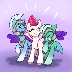 Size: 2048x2048 | Tagged: safe, artist:pfeffaroo, imported from derpibooru, zipp storm, pegasus, pony, adorazipp, colored wings, cute, eyebrows, eyebrows visible through hair, eyes closed, female, g5, gradient background, grin, guard, guardsmare, high res, laughing, male, mare, multicolored wings, open mouth, open smile, pegasus royal guard, raised hoof, royal guard, smiling, spread wings, stallion, thunder flap, trio, unnamed character, unnamed pony, unshorn fetlocks, wings, zoom zephyrwing