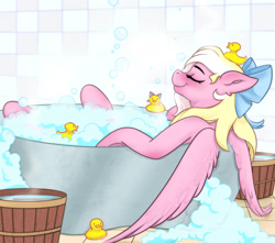 Size: 2824x2500 | Tagged: safe, artist:skygrinder27, imported from derpibooru, oc, oc only, oc:bay breeze, pegasus, pony, bath, bathroom, bathtub, bow, bubble, bubble bath, cute, eyes closed, female, hair bow, happy, high res, mare, ocbetes, pegasus oc, rubber duck, solo, wings