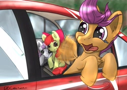 Size: 4093x2894 | Tagged: safe, artist:db, imported from derpibooru, apple bloom, scootaloo, sweetie belle, earth pony, pegasus, pony, unicorn, behaving like a dog, car, crying, cutie mark crusaders, scootapup, teary eyes, tongue out