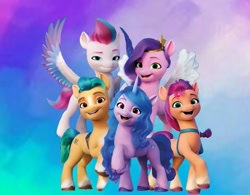 Size: 719x561 | Tagged: safe, edit, imported from derpibooru, hitch trailblazer, izzy moonbow, pipp petals, sunny starscout, zipp storm, earth pony, pegasus, pony, unicorn, female, g5, group shot, male, mane five (g5), mare, official, stallion