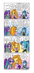 Size: 1003x2147 | Tagged: safe, artist:zero-q, imported from derpibooru, adagio dazzle, aria blaze, sonata dusk, equestria girls, 4 panel comic, 4koma, behaving like a chicken, comic, commission, crossed arms, dialogue, drool, entranced, eyes closed, female, finger snap, food, gradient background, head turn, hypnosis, hypnotist, hypnotized, japanese reading order, music notes, obedience, onomatopoeia, open mouth, open smile, pendulum swing, pocket watch, right to left, scared, shrunken pupils, smiling, smug, speech bubble, swirly eyes, taco, the dazzlings, trio, trio female, turned head