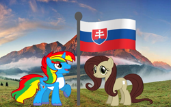 Size: 1015x632 | Tagged: safe, artist:andoanimalia, artist:lachlancarr1996, artist:徐詩珮, imported from derpibooru, oc, oc:flutter dust, oc:shield wing, cloud, flag, fluttershy mane, looking at you, looking up, mountain, sky, slovakia