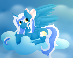 Size: 2000x1600 | Tagged: safe, artist:dolphintales, imported from derpibooru, oc, oc:fleurbelle, alicorn, alicorn oc, bow, cloud, female, hair bow, horn, mare, sky, wings, yellow eyes