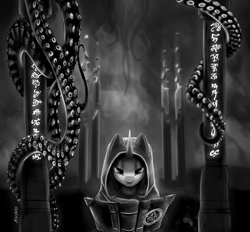 Size: 3330x3086 | Tagged: safe, artist:kviksi, imported from derpibooru, pony, unicorn, book, cape, clothes, high res, looking at you, lovecraft, monochrome, open mouth, pentagram, pillar, robe, runes, solo, tentacles