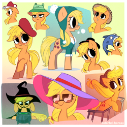 Size: 2500x2500 | Tagged: safe, artist:syrupyyy, imported from derpibooru, applejack, earth pony, fish, pony, baseball cap, beret, breath, bucket hat, cap, cauldron, clothes, coat, cold, cute, fedora, female, frog hat, hat, high res, jackabetes, mare, shark hat, smiling, solo, sun hat, sunglasses, toque, unamused, witch, witch hat