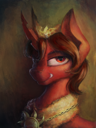 Size: 4782x6376 | Tagged: safe, artist:blvckmagic, imported from derpibooru, oc, oc only, oc:red flux, changeling, insect, moth, mothling, original species, absurd file size, absurd resolution, bust, chest fluff, crown, eyebrows, grin, horn, jewelry, lidded eyes, looking at you, male, medallion, portrait, red changeling, regalia, smiling, smiling at you, smug, solo, species swap