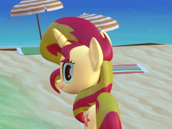 Size: 1600x1200 | Tagged: safe, artist:wissle, imported from derpibooru, sunset shimmer, pony, unicorn, 3d, atg 2021, beach, blender, female, looking at you, looking back, looking back at you, mare, newbie artist training grounds, rear view, sand, simple background, smiling, smiling at you, solo, water