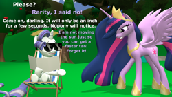 Size: 1920x1080 | Tagged: safe, artist:red4567, imported from derpibooru, rarity, twilight sparkle, alicorn, pony, unicorn, the last problem, 3d, atg 2021, chair, concave belly, dialogue, female, glasses, height difference, jewelry, mare, newbie artist training grounds, older, older rarity, older twilight, princess twilight 2.0, raised hoof, regalia, skunk stripe, source filmmaker, spread wings, sunbathing, sunglasses, talking, tanning mirror, twilight sparkle (alicorn), twilight sparkle is not amused, unamused, wings