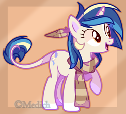 Size: 1702x1541 | Tagged: safe, artist:mediasmile666, imported from derpibooru, oc, oc only, pony, unicorn, abstract background, clothes, feather, female, leonine tail, mare, raised hoof, scarf, smiling, solo