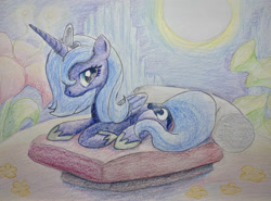 Size: 2000x1479 | Tagged: safe, artist:mandumustbasukanemen, imported from derpibooru, princess luna, alicorn, pony, atg 2021, bed, dream, dreamscape, moon, newbie artist training grounds, night, pencil drawing, s1 luna, scenery, solo, traditional art