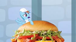 Size: 1280x720 | Tagged: safe, artist:heyitshayburgers, edit, edited screencap, imported from derpibooru, screencap, rainbow dash, pegasus, pony, tanks for the memories, burger, cheeseburger, food, hamburger, hard hat, solo