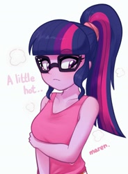 Size: 1421x1934 | Tagged: safe, artist:maren, imported from derpibooru, sci-twi, twilight sparkle, equestria girls, equestria girls series, adorasexy, adorkable, adorkasexy, alternate hairstyle, arm under breasts, blushing, breasts, busty sci-twi, busty twilight sparkle, cleavage, clothes, cute, doodle, dork, glasses, meganekko, sci-twiabetes, sexy, simple background, solo, sweat, tanktop, twiabetes, white background