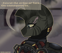 Size: 4096x3456 | Tagged: source needed, useless source url, safe, artist:besomb1tch, imported from derpibooru, oc, oc only, pony, zebra, fallout equestria, armor, foe, ncr, ranger, scar, solo, text, zebra oc