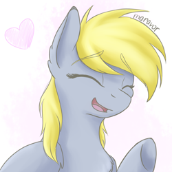 Size: 900x900 | Tagged: safe, artist:maravor, imported from derpibooru, derpy hooves, pegasus, pony, bust, chest fluff, cute, derpabetes, ear fluff, eyes closed, female, heart, mare, open mouth, portrait, solo