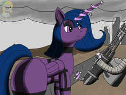 Size: 1600x1200 | Tagged: safe, artist:gray star, derpibooru exclusive, imported from derpibooru, oc, oc:lacunae, alicorn, fallout equestria, fallout equestria: project horizons, alicorn oc, artificial alicorn, fanfic art, horn, minigun, purple alicorn (fo:e), straps, wings