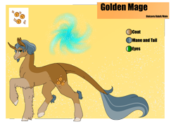 Size: 4961x3508 | Tagged: safe, artist:oneiria-fylakas, imported from derpibooru, oc, oc only, oc:golden mage, pony, unicorn, absurd resolution, horn, looking at you, male, raised hoof, reference sheet, smiling, smiling at you, solo, stallion, unicorn oc