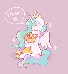 Size: 983x1073 | Tagged: safe, artist:typhwosion, imported from derpibooru, princess celestia, sunset shimmer, alicorn, pony, unicorn, comforting, crying, cute, cutelestia, dialogue, duo, duo female, eyes closed, female, hug, mare, momlestia, open mouth, profile, shimmerbetes, simple background, sitting, smiling, speech bubble, spread wings, wings