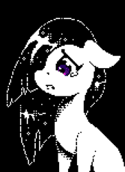Size: 1120x1540 | Tagged: safe, artist:terrafomer, imported from derpibooru, marble pie, earth pony, pony, black background, bust, female, floppy ears, hair over one eye, looking at something, looking away, mare, open mouth, partial color, pixel art, portrait, sad, simple background, sitting, solo, teary eyes, three quarter view
