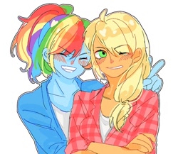 Size: 500x433 | Tagged: artist needed, source needed, safe, imported from derpibooru, applejack, rainbow dash, equestria girls, appledash, blushing, bunny ears (gesture), crossed arms, eye clipping through hair, eyebrows, eyebrows visible through hair, eyes closed, female, grin, lesbian, one eye closed, shipping, smiling