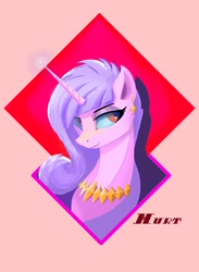 Size: 2132x2920 | Tagged: safe, artist:e0tkvvitmzxvx0a, artist:i love hurt, imported from derpibooru, oc, oc only, oc:obsidian hurt, pony, unicorn, bust, digital art, ear piercing, earring, high res, horn, jewelry, looking at each other, male, necklace, piercing, pink body, portrait, red eyes, simple background, smiling, solo, stallion, trap, unicorn oc, violet hair