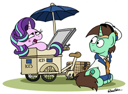 Size: 2241x1650 | Tagged: safe, artist:bobthedalek, imported from derpibooru, starlight glimmer, oc, pony, unicorn, atg 2021, basket, bicycle, clothes, hat, ice cream stand, necktie, newbie artist training grounds, relief, tongue out, umbrella