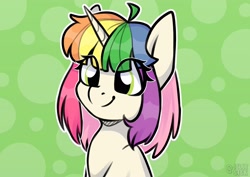 Size: 3508x2480 | Tagged: safe, artist:jellysiek, artist:jellysketch, imported from derpibooru, oc, oc only, pony, unicorn, cute, eye clipping through hair, female, high res, horn, mare, multicolored hair, ocbetes, rainbow hair, simple background, smiling, solo, unicorn oc