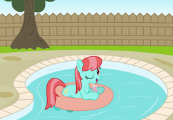 Size: 5840x4044 | Tagged: safe, artist:thatusualguy06, imported from derpibooru, strawberry ice, earth pony, pony, absurd resolution, atg 2021, drink, female, fence, floaty, mare, newbie artist training grounds, show accurate, solo, swimming pool, tree, vector