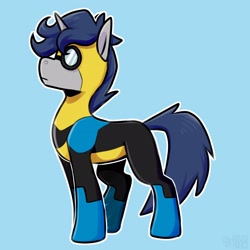 Size: 2480x2480 | Tagged: safe, artist:jellysiek, artist:jellysketch, imported from derpibooru, oc, oc only, pony, unicorn, blue background, clothes, high res, horn, invincible, male, simple background, skintight clothes, solo, stallion, superhero, unicorn oc