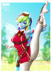 Size: 1131x1600 | Tagged: safe, alternate version, artist:ecchiningyon, artist:naan-ana, imported from derpibooru, rainbow dash, human, equestria girls, armpits, bowtie, breasts, busty rainbow dash, clothes, cosplay, costume, female, gold ship, gold ship's, hat, high heels, looking at you, multiple variants, open mouth, open smile, outdoors, peace sign, ponied up, sexy, shoes, smiling, smiling at you, solo, splits, spread legs, spread wings, spreading, standing, standing splits, stretching, stupid sexy rainbow dash, uma musume pretty derby, wings