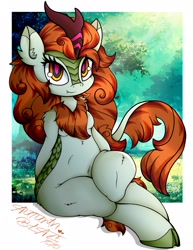 Size: 1577x2048 | Tagged: safe, artist:canvymamamoo, imported from derpibooru, autumn blaze, anthro, kirin, semi-anthro, arm behind back, awwtumn blaze, belly button, breasts, cloven hooves, crepuscular rays, crossed legs, cute, cute little fangs, ear fluff, fangs, female, looking at you, sitting, smiling, smiling at you, solo, sun ray, tree