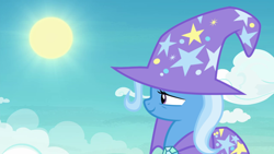 Size: 1280x720 | Tagged: safe, artist:3d4d, edit, edited screencap, imported from derpibooru, screencap, trixie, pony, unicorn, cape, clothes, female, hat, mare, sky, smiling, solo, sun, trixie's cape, trixie's hat