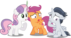 Size: 3411x1848 | Tagged: safe, artist:frownfactory, artist:slb94, edit, edited edit, editor:slayerbvc, imported from derpibooru, vector edit, rumble, scootaloo, sweetie belle, alicorn, pegasus, pony, unicorn, alicornified, colt, cutie mark, derp, dizzy, female, filly, floppy ears, high res, horn, male, oops, race swap, raised hoof, rumblecorn, shocked, simple background, sitting, smoking horn, the cmc's cutie marks, transparent background, trio, vector, what has magic done