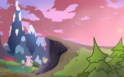 Size: 4000x2500 | Tagged: safe, artist:pizzamovies, edit, imported from derpibooru, background, canterlot, canterlot castle, canterlot mountain, cliff, evening, mountain, mountain range, no pony, peak, pine tree, ponyville, snow, sunset, tree, windmill