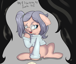 Size: 3000x2500 | Tagged: safe, artist:dumbwoofer, imported from derpibooru, oc, oc:floor bored, oc:taku, pony, blank flank, braces, clothes, first person view, glasses, high res, neet, offscreen character, pov, side ponytail, sitting, smiling, text