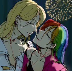 Size: 500x488 | Tagged: safe, imported from derpibooru, applejack, rainbow dash, human, appledash, female, fireworks, humanized, lesbian, shipping