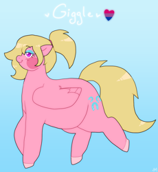 Size: 1290x1402 | Tagged: safe, artist:greenarsonist, imported from derpibooru, oc, oc only, oc:giggle, pegasus, pony, bisexual, bisexual pride flag, fat, female, pegasus oc, ponytail, pride, pride flag, solo, wings
