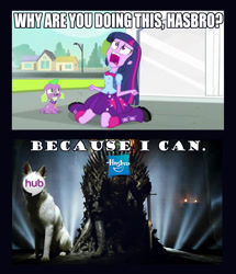 Size: 1187x1380 | Tagged: safe, edit, edited screencap, imported from derpibooru, screencap, spike, twilight sparkle, dog, equestria girls, equestria girls (movie), caption, exploitable meme, game of thrones, hasbro logo, hub logo, iron throne, meme, satire, spike the dog, sword, text, twiscream, weapon