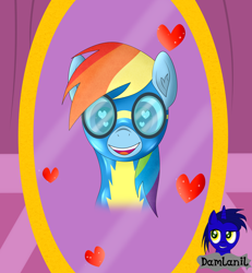 Size: 3840x4154 | Tagged: safe, alternate version, artist:damlanil, imported from derpibooru, rainbow dash, pegasus, pony, blushing, carousel boutique, catsuit, clothes, comic, cute, dashabetes, female, happy, heart, heart eyes, latex, latex suit, looking at you, mare, mirror, open mouth, rubber, shine, shiny, simple background, smiling, solo, suit, text, uniform, vector, wingding eyes, wings, wonderbolts, wonderbolts uniform