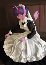 Size: 1500x2101 | Tagged: safe, artist:mrscroup, imported from derpibooru, twilight sparkle, alicorn, anthro, clothes, dress, female, floating wings, looking at you, maid, maidlight sparkle, mare, solo, twilight sparkle (alicorn), wings