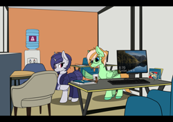 Size: 4092x2893 | Tagged: safe, artist:syntiset, imported from ponybooru, princess celestia, oc, oc only, oc:sapphie, oc:violet evergard, pegasus, pony, unicorn, background, book, business suit, chair, clothes, commission, duo, ear piercing, earring, female, freckles, glasses, horn, jewelry, keyboard, lock screen, mare, microsoft, monitor, obey, office, pegasus oc, pen, piercing, ponybooru, table, unicorn oc, water cooler, windows, windows 10, wings