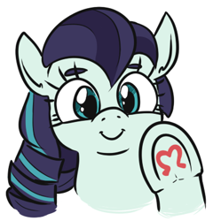 Size: 404x406 | Tagged: safe, artist:jargon scott, imported from ponybooru, coloratura, earth pony, pony, bust, c:, female, frog (hoof), hoofsies, looking at you, mare, portrait, raised hoof, raised leg, simple background, smiling, solo, underhoof, white background