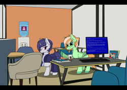 Size: 4092x2893 | Tagged: safe, alternate version, artist:syntiset, imported from ponybooru, princess celestia, oc, oc only, oc:sapphie, oc:violet evergard, pegasus, pony, unicorn, background, blue screen of death, book, business suit, chair, clothes, commission, duo, ear piercing, earring, female, freckles, glasses, horn, jewelry, keyboard, lock screen, mare, microsoft, monitor, obey, office, pegasus oc, pen, piercing, ponybooru, ponybooru exclusive, table, unicorn oc, water cooler, windows, windows 10, wings